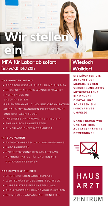 Wir stellen ein MFA für Labor ab sofort<br />
(m/w/d) 15h/20h